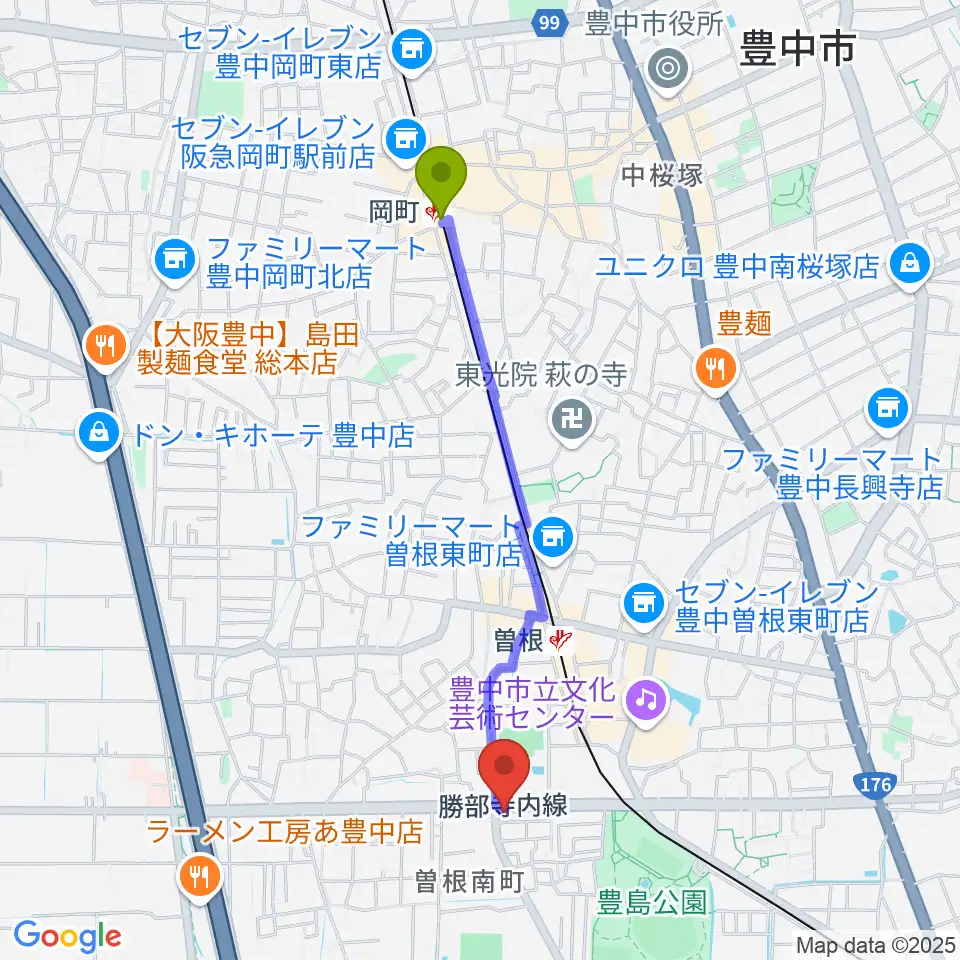 岡町駅から曽根ライブカフェアレサへのルートマップ地図