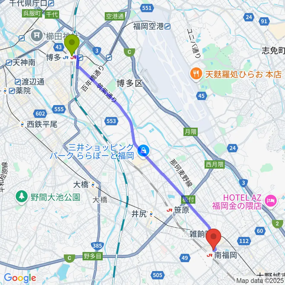 博多駅からフカノ楽器店 南福岡ピアノ教室へのルートマップ地図