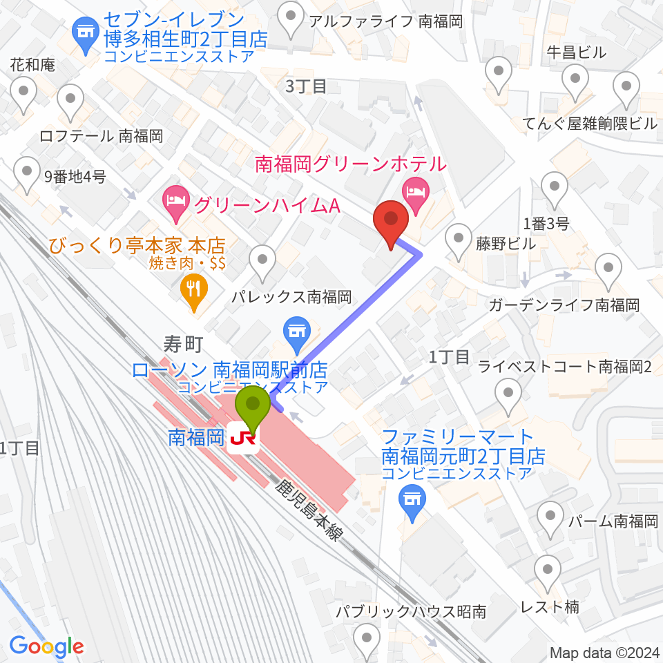 フカノ楽器店 南福岡ピアノ教室の最寄駅南福岡駅からの徒歩ルート（約3分）地図