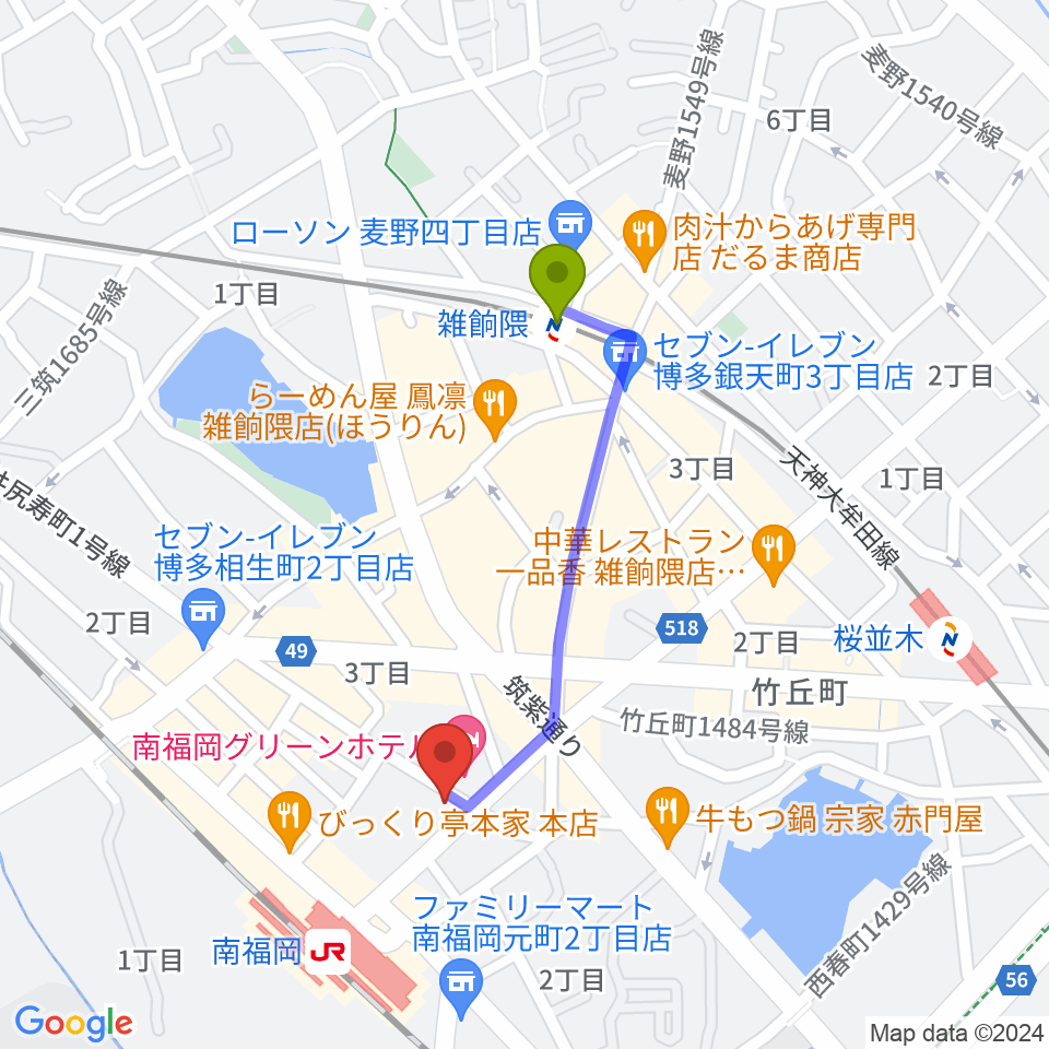 雑餉隈駅からフカノ楽器店 南福岡ピアノ教室へのルートマップ地図