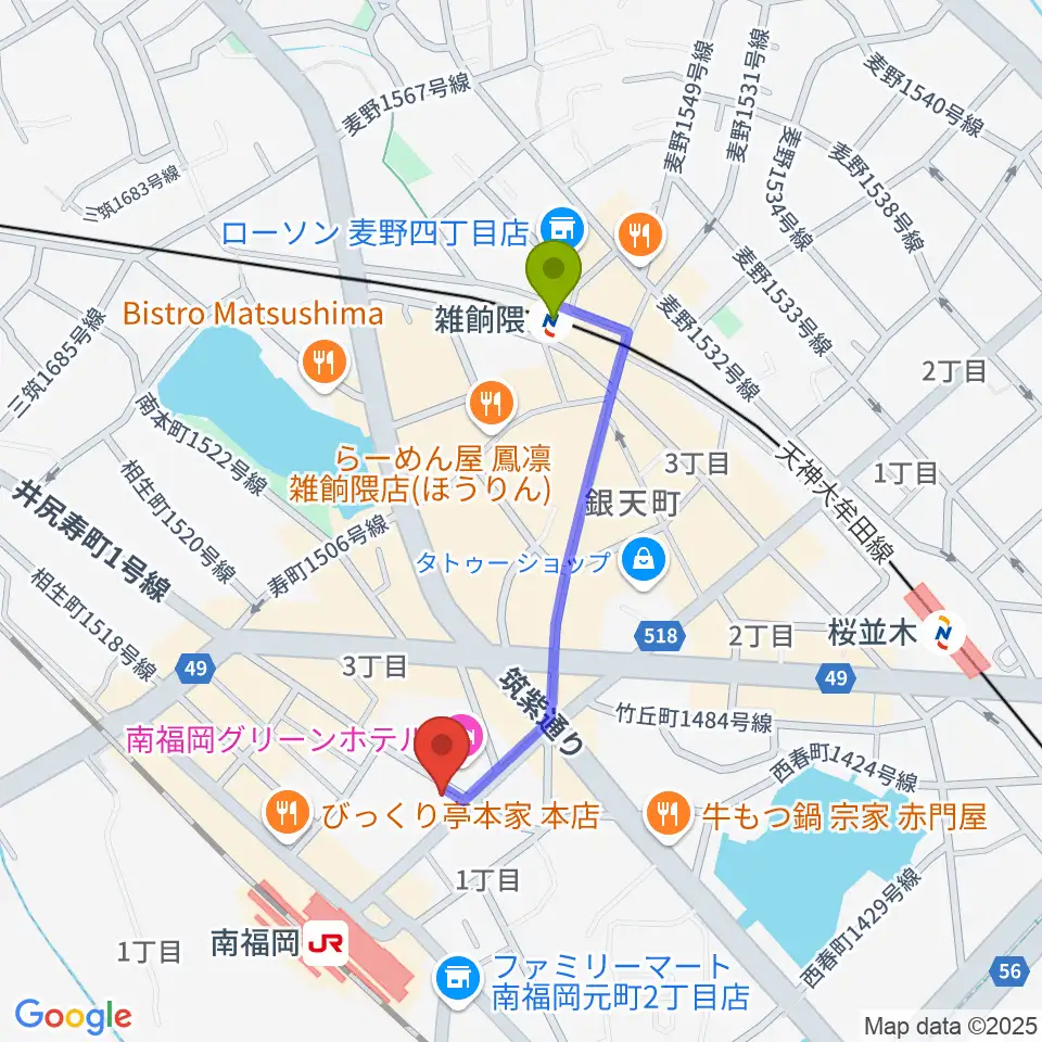 雑餉隈駅からフカノ楽器店 南福岡ピアノ教室へのルートマップ地図