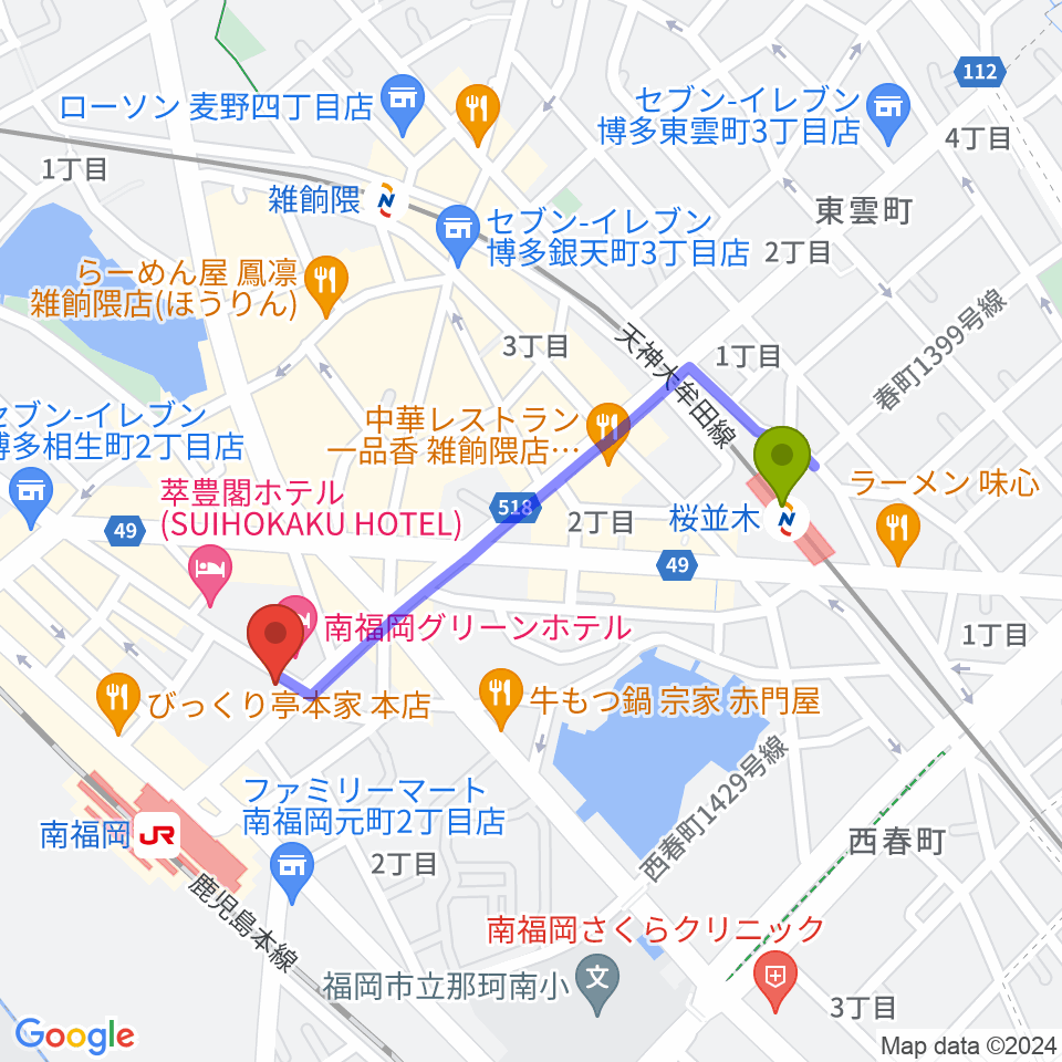 桜並木駅からフカノ楽器店 南福岡ピアノ教室へのルートマップ地図