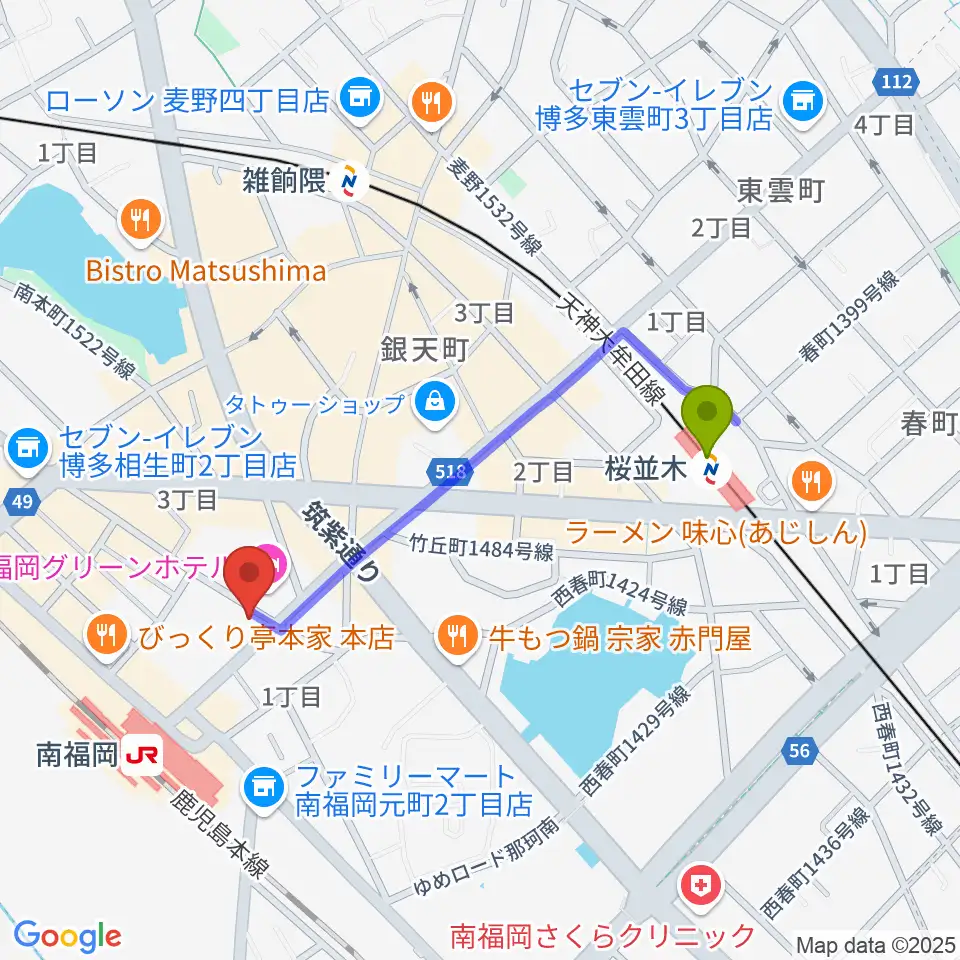 桜並木駅からフカノ楽器店 南福岡ピアノ教室へのルートマップ地図