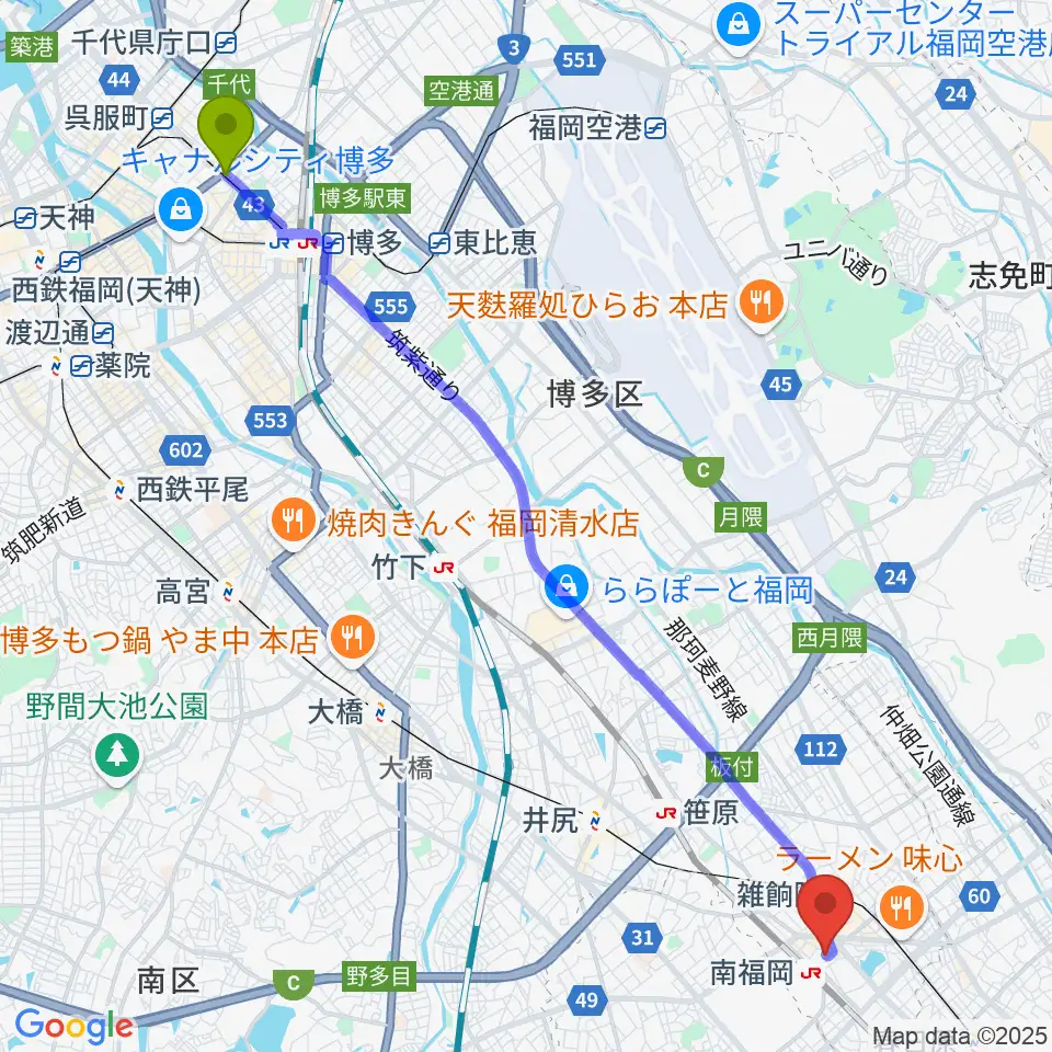 祇園駅からフカノ楽器店 南福岡ピアノ教室へのルートマップ地図