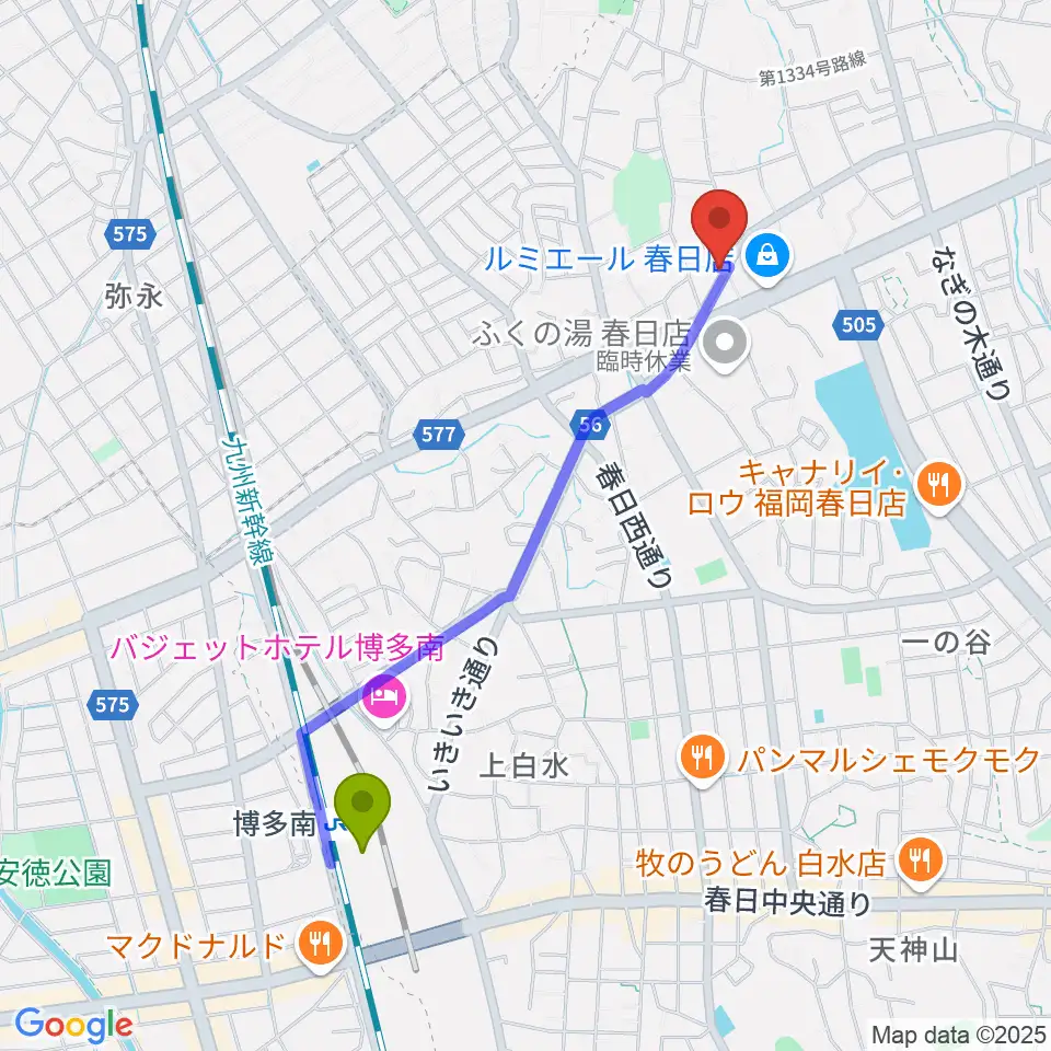 フカノ楽器店 春日ピアノ教室の最寄駅博多南駅からの徒歩ルート（約21分）地図