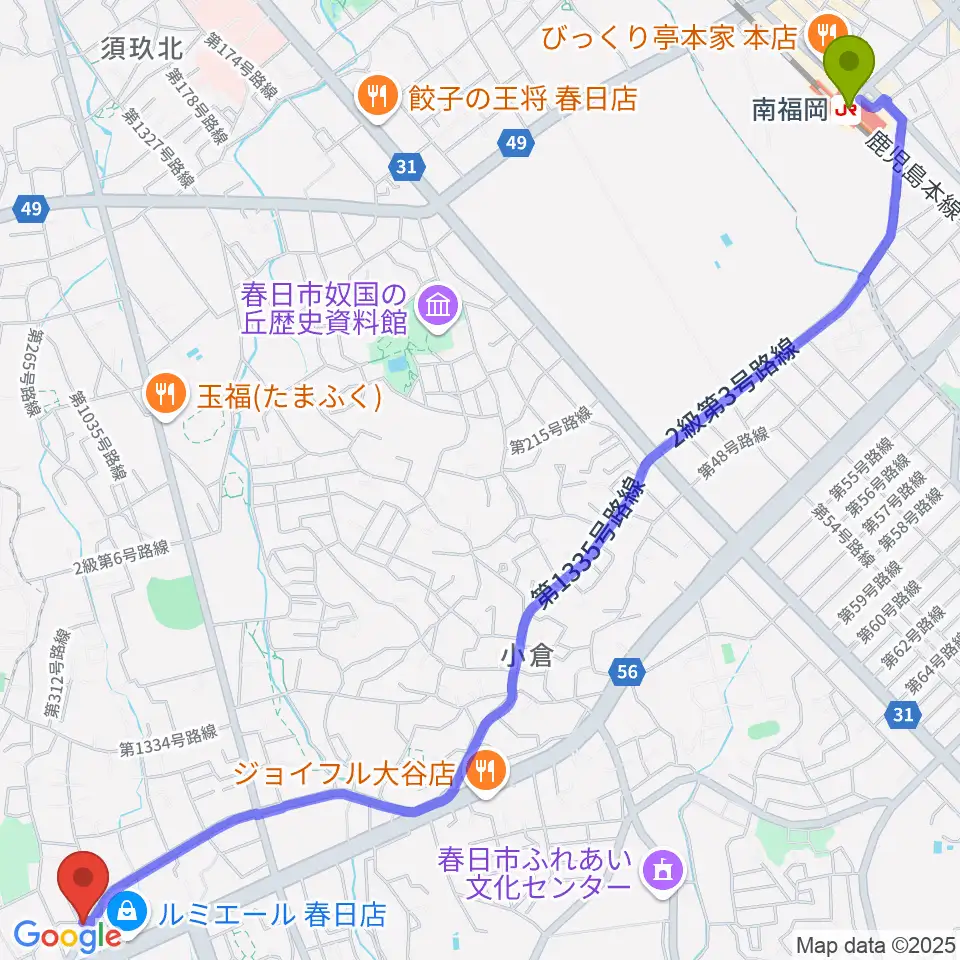 南福岡駅からフカノ楽器店 春日ピアノ教室へのルートマップ地図