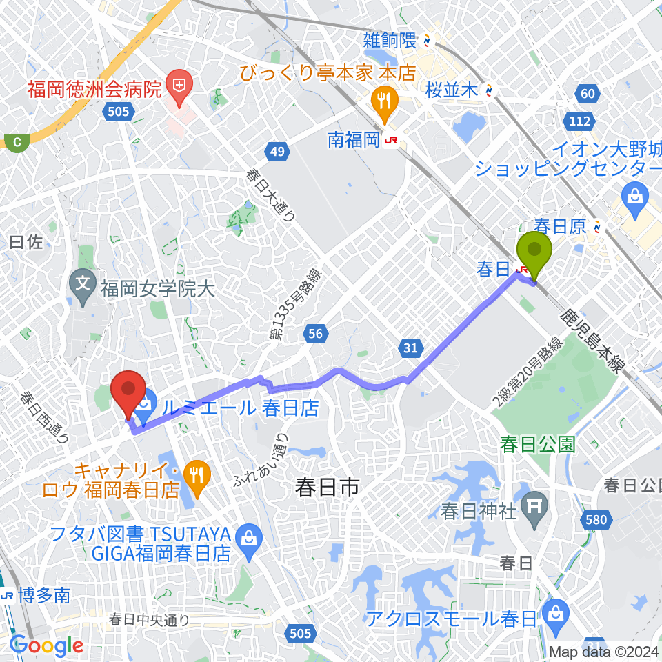 春日駅からフカノ楽器店 春日ピアノ教室へのルートマップ地図