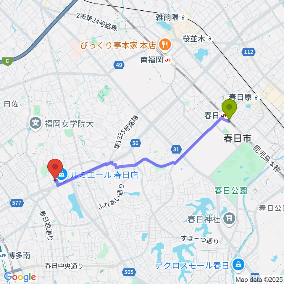 春日駅からフカノ楽器店 春日ピアノ教室へのルートマップ地図