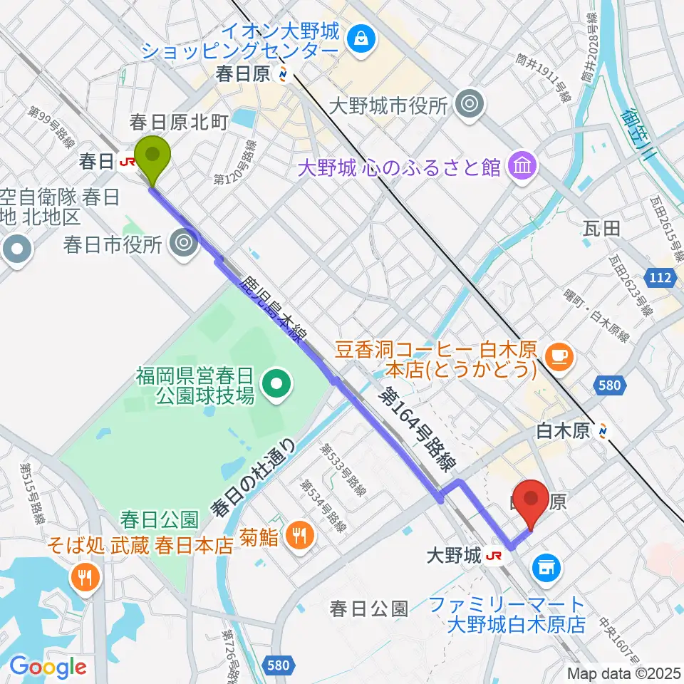 春日駅からフカノ楽器店 大野城ピアノ教室へのルートマップ地図