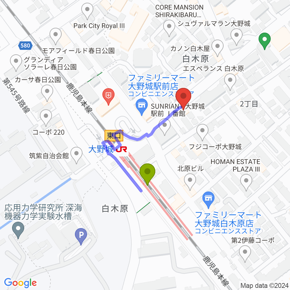 フカノ楽器店 大野城ピアノ教室の最寄駅大野城駅からの徒歩ルート（約2分）地図