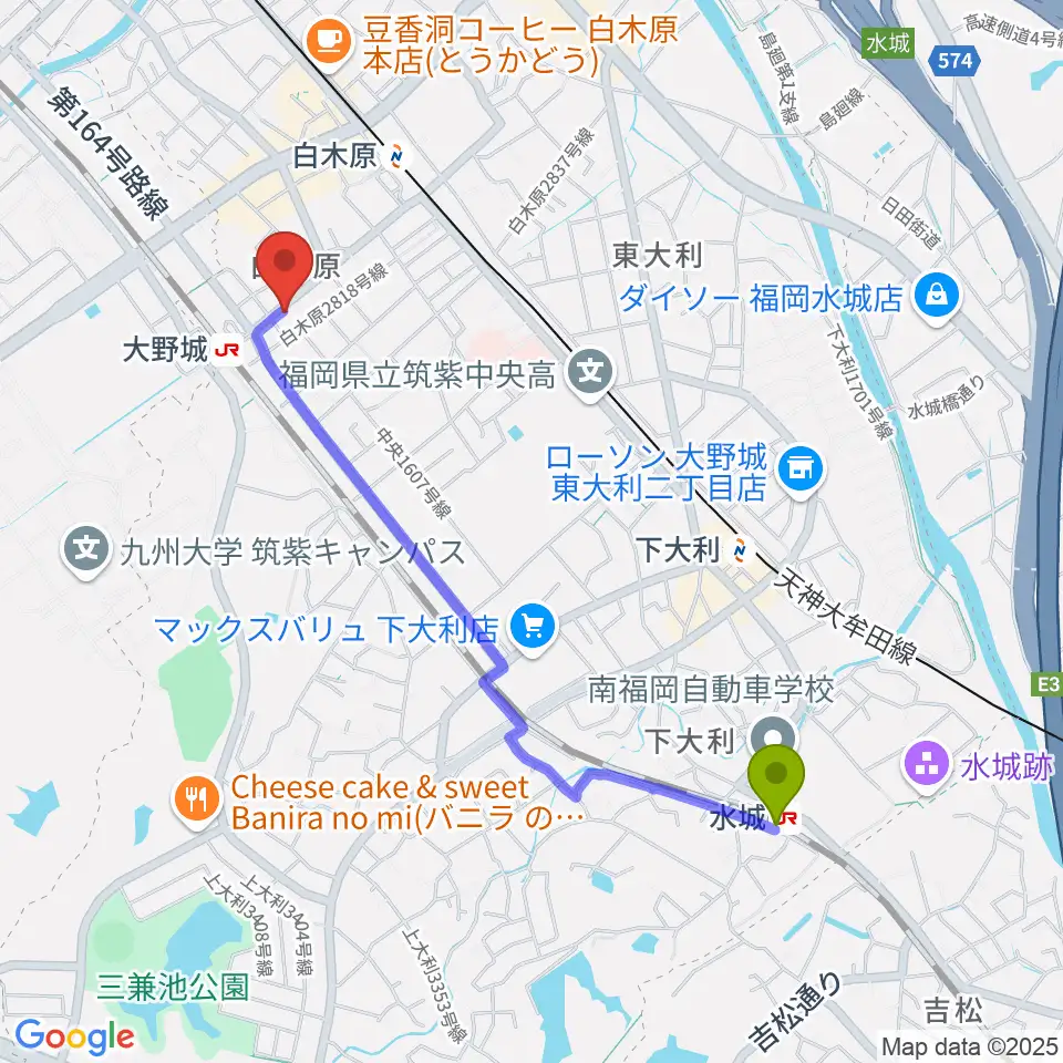 水城駅からフカノ楽器店 大野城ピアノ教室へのルートマップ地図