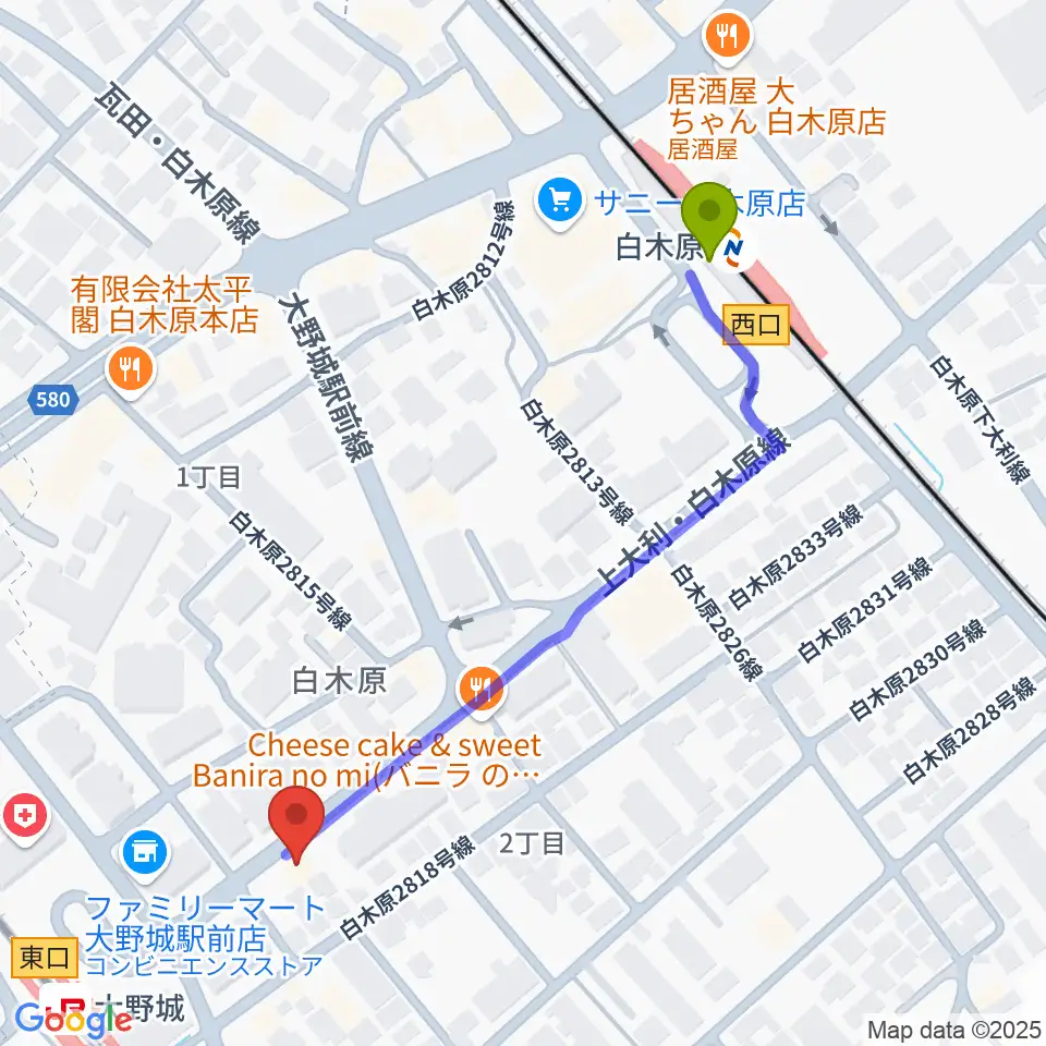 白木原駅からフカノ楽器店 大野城ピアノ教室へのルートマップ地図