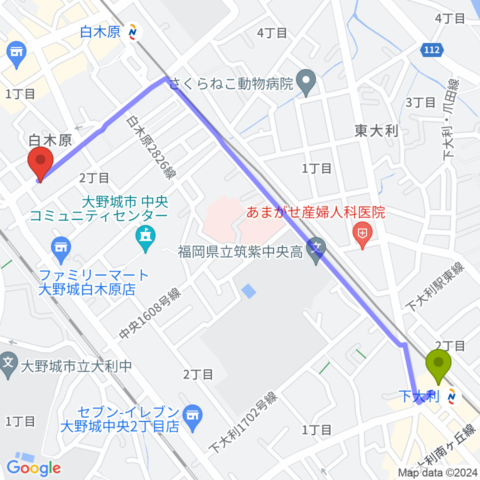 下大利駅からフカノ楽器店 大野城ピアノ教室へのルートマップ地図