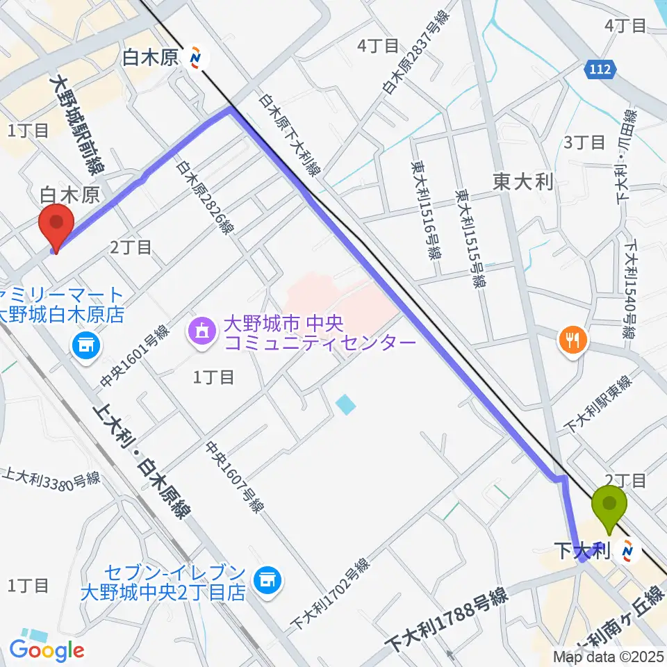 下大利駅からフカノ楽器店 大野城ピアノ教室へのルートマップ地図