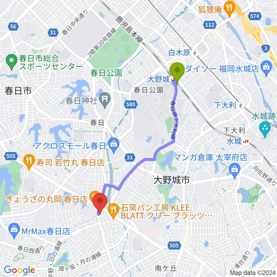 フカノ楽器店 大野城南ピアノ教室の最寄駅大野城駅からの徒歩ルート（約35分）地図