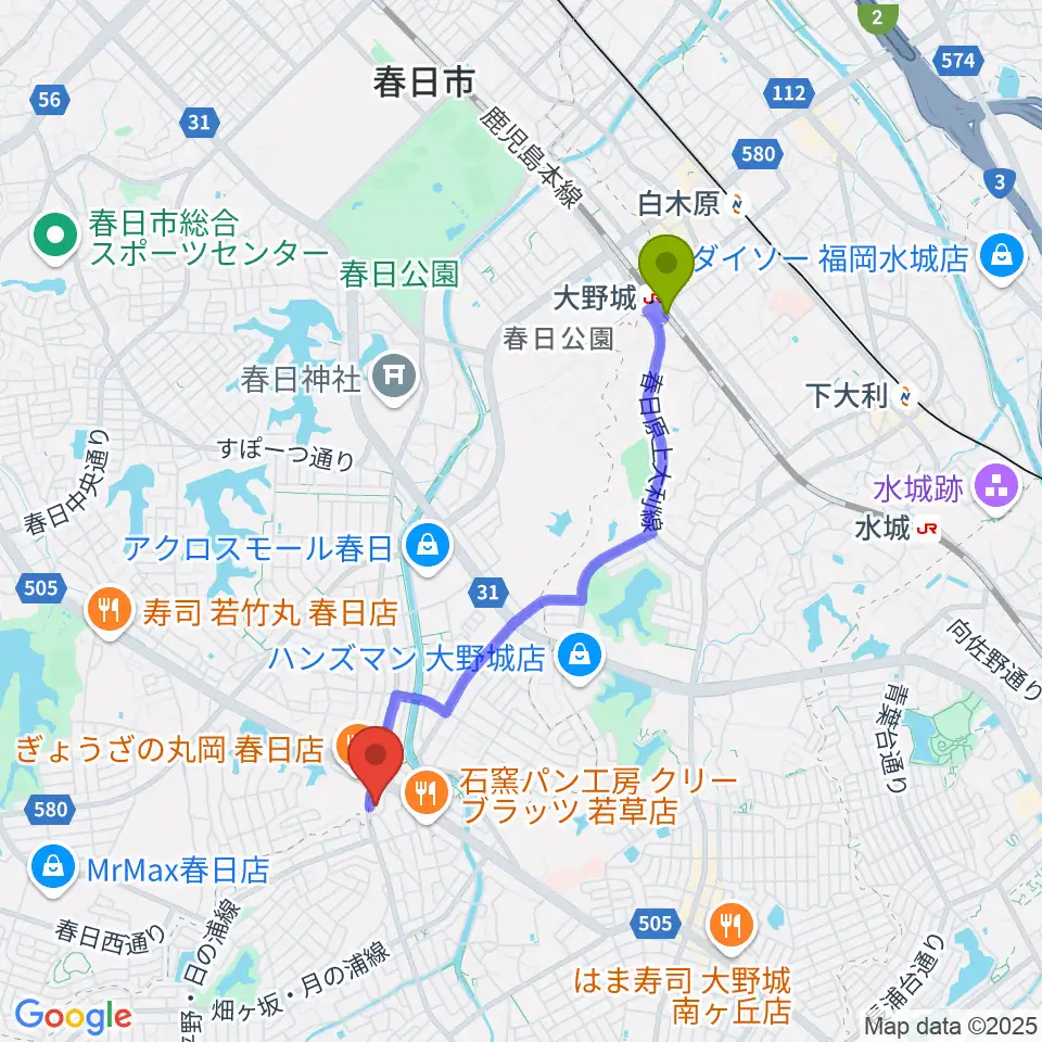フカノ楽器店 大野城南ピアノ教室の最寄駅大野城駅からの徒歩ルート（約35分）地図