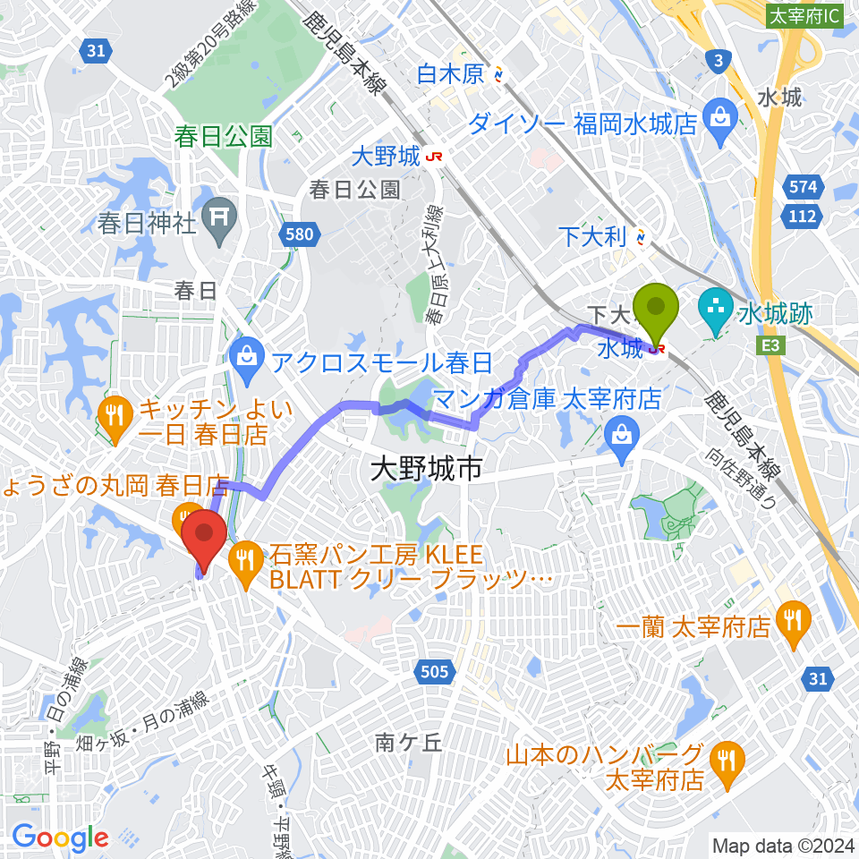 水城駅からフカノ楽器店 大野城南ピアノ教室へのルートマップ地図