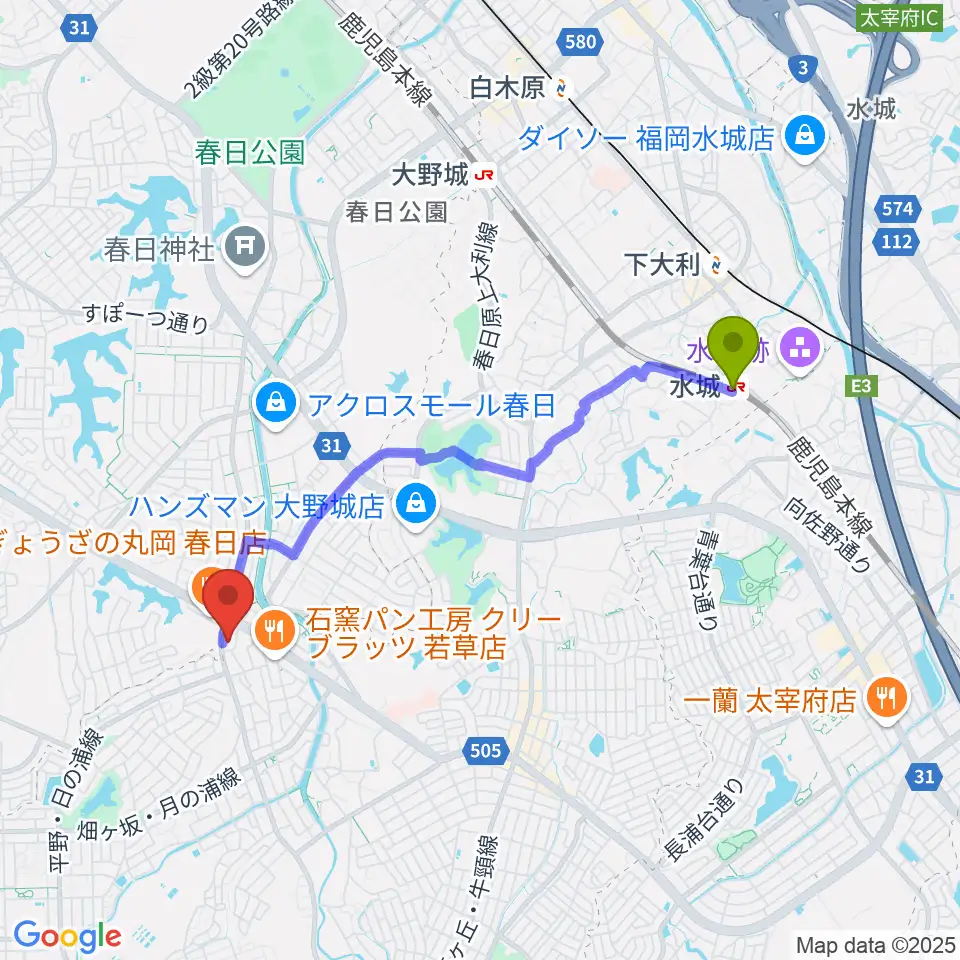 水城駅からフカノ楽器店 大野城南ピアノ教室へのルートマップ地図