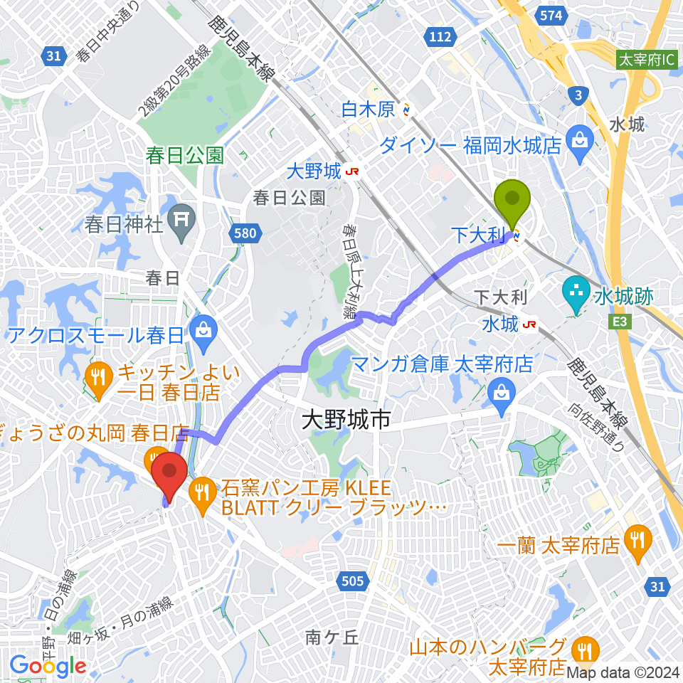 下大利駅からフカノ楽器店 大野城南ピアノ教室へのルートマップ地図
