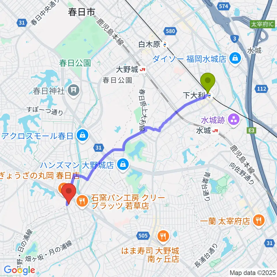 下大利駅からフカノ楽器店 大野城南ピアノ教室へのルートマップ地図
