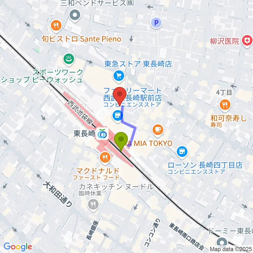 小劇場てあとるらぽうの最寄駅東長崎駅からの徒歩ルート（約1分）地図