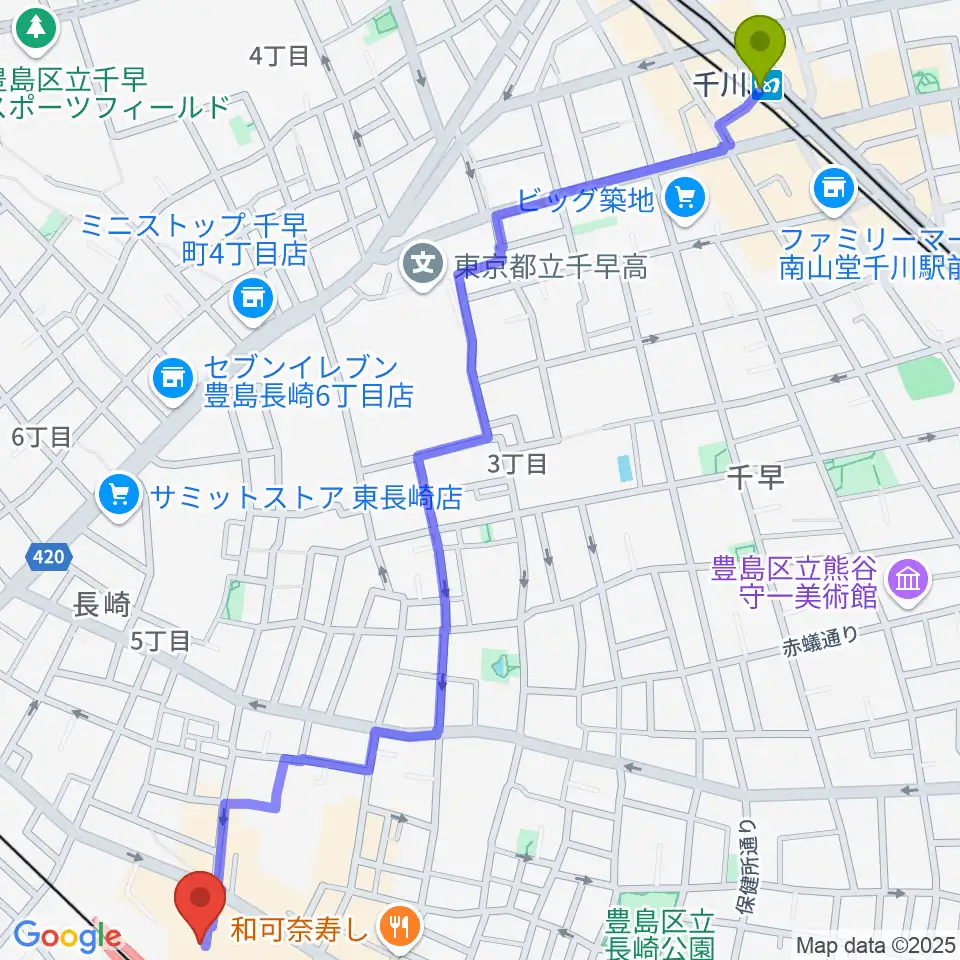 千川駅から小劇場てあとるらぽうへのルートマップ地図