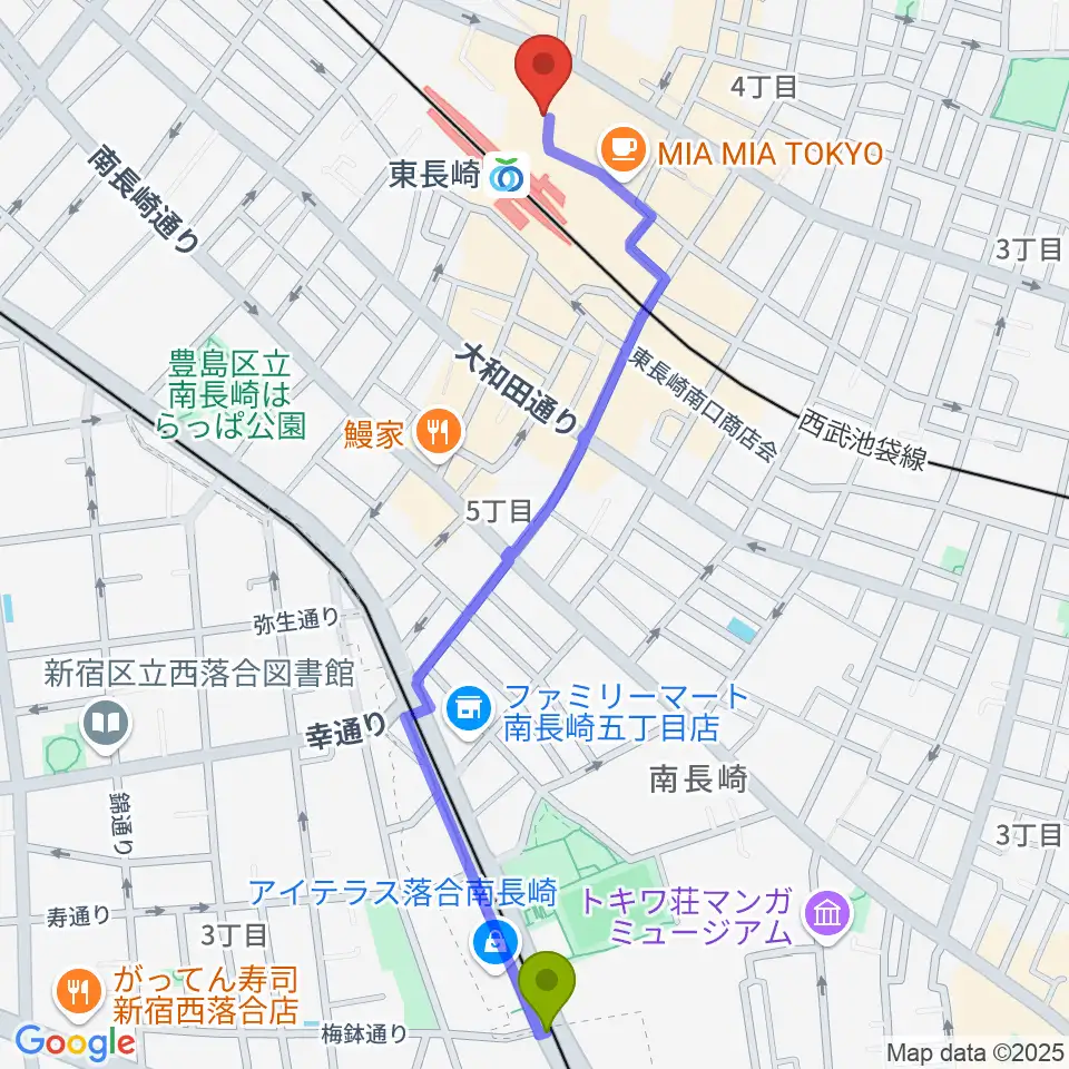 落合南長崎駅から小劇場てあとるらぽうへのルートマップ地図
