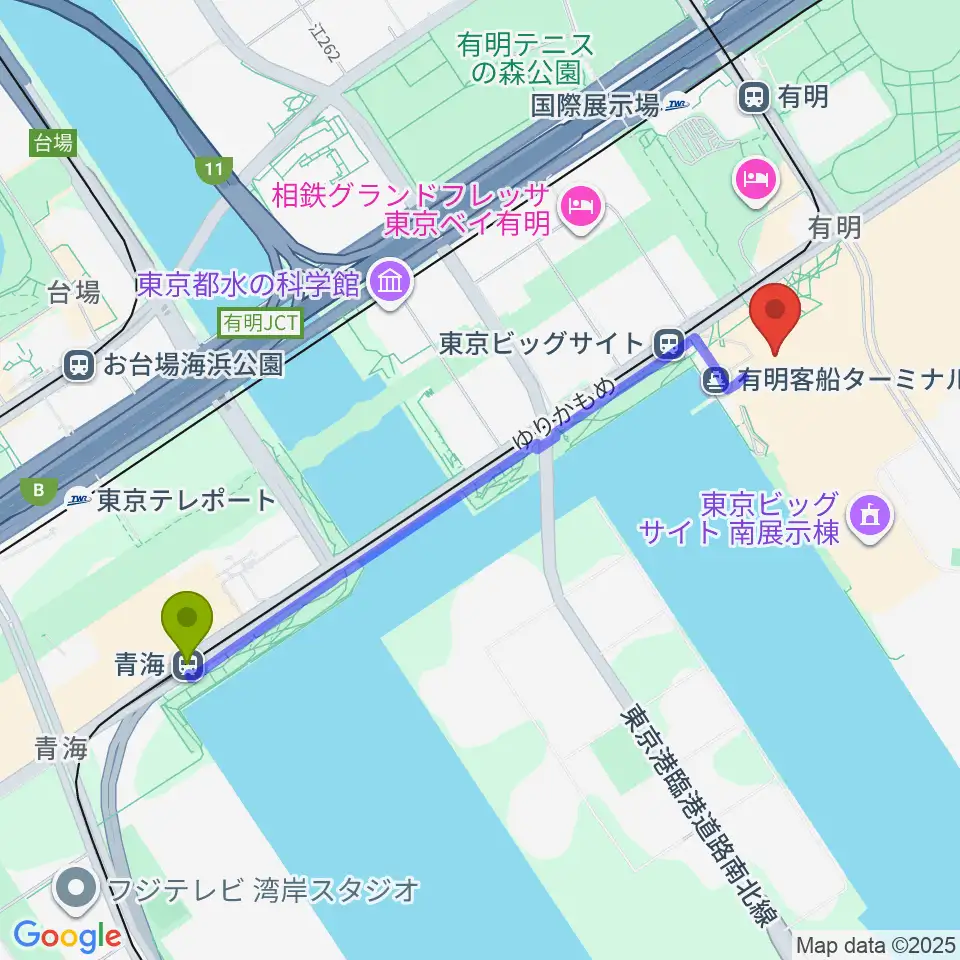 青海駅から東京ビッグサイト 東京国際展示場へのルートマップ地図