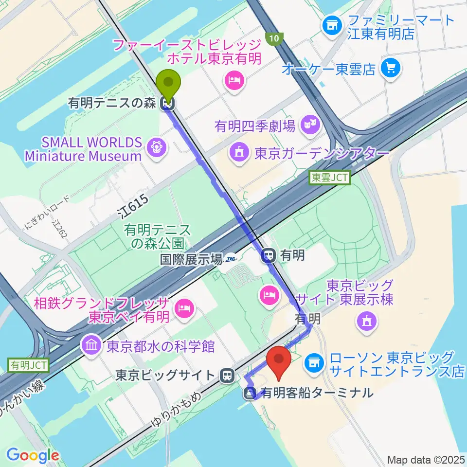 有明テニスの森駅から東京ビッグサイト 東京国際展示場へのルートマップ地図