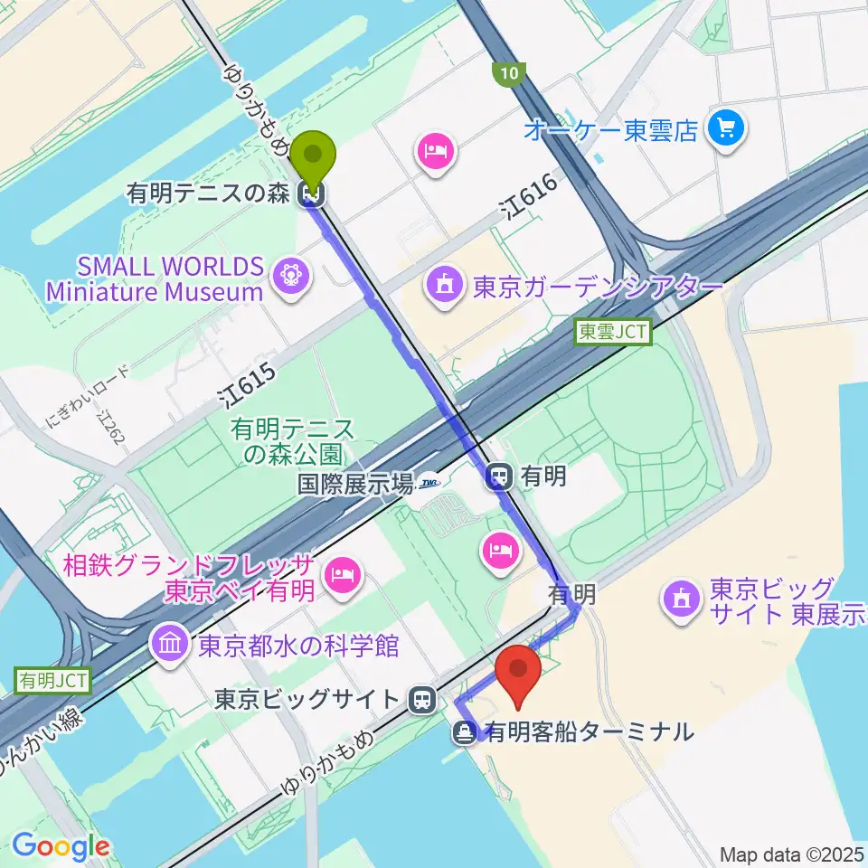 有明テニスの森駅から東京ビッグサイト 東京国際展示場へのルートマップ地図