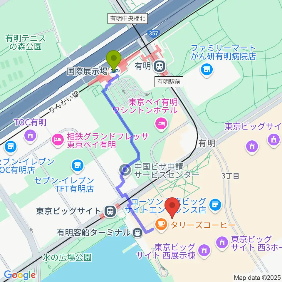 国際展示場駅から東京ビッグサイト 東京国際展示場へのルートマップ地図