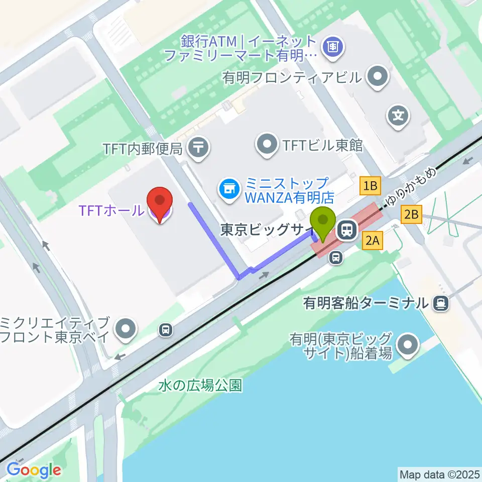 TFTホールの最寄駅東京ビッグサイト駅からの徒歩ルート（約3分）地図