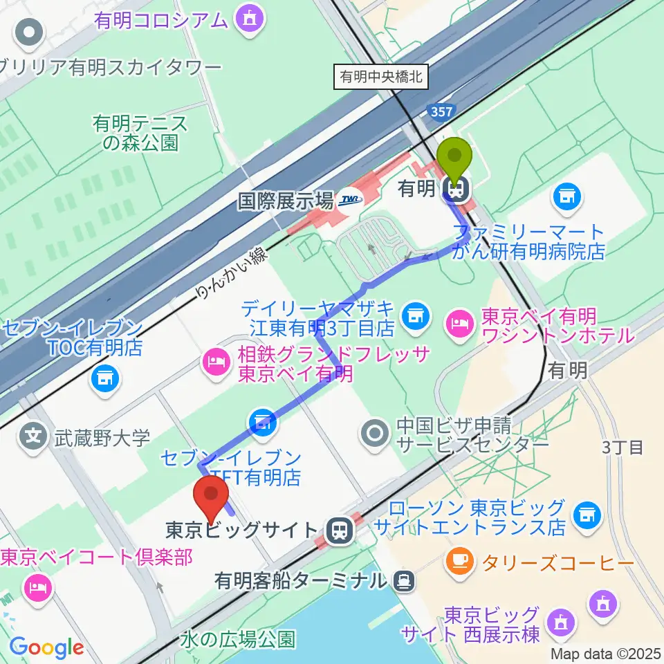 有明駅からTFTホールへのルートマップ地図