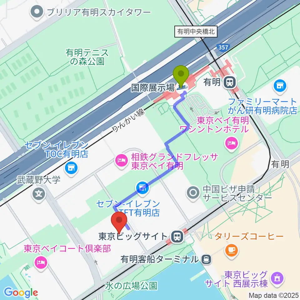 国際展示場駅からTFTホールへのルートマップ地図