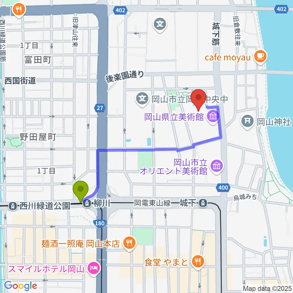 柳川駅から岡山県天神山文化プラザへのルートマップ地図