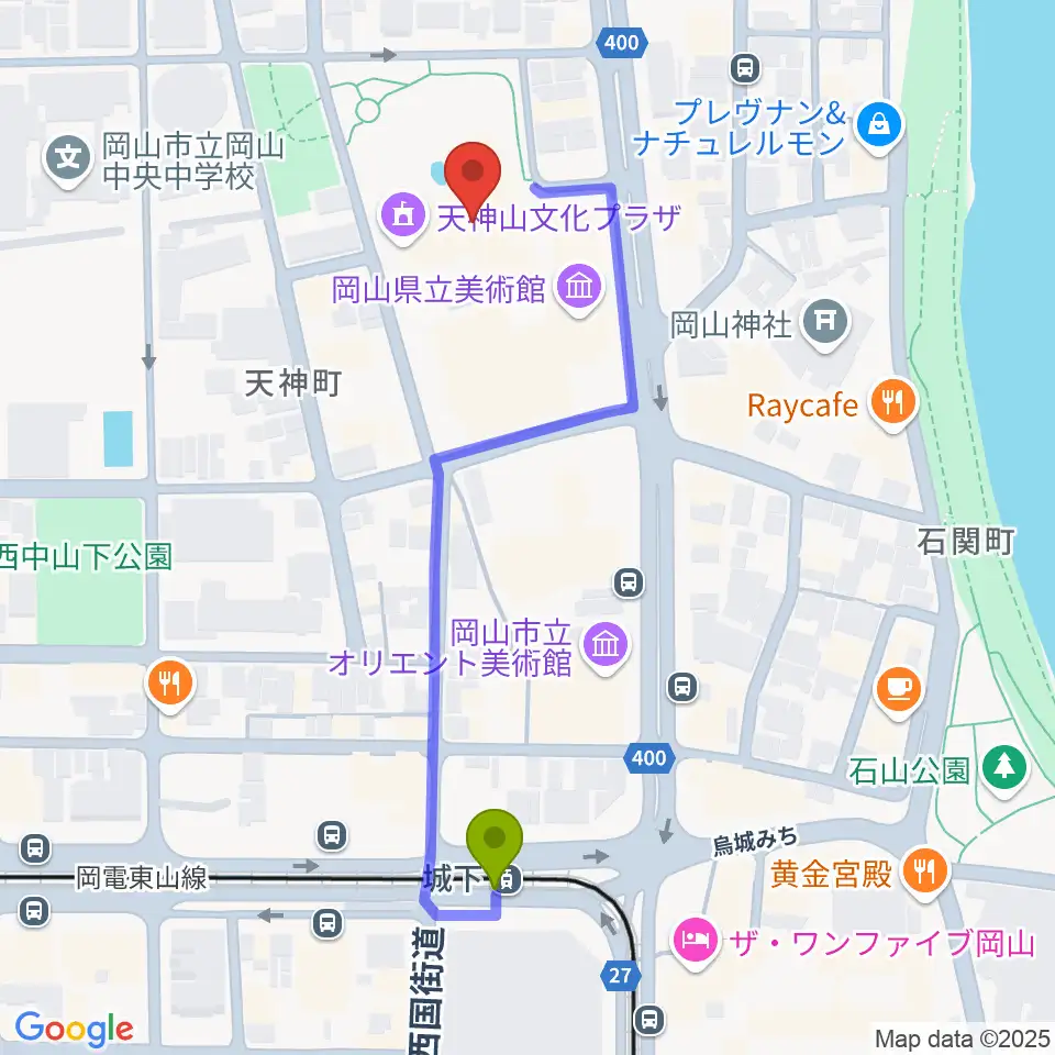 岡山県天神山文化プラザの最寄駅城下駅からの徒歩ルート（約5分）地図