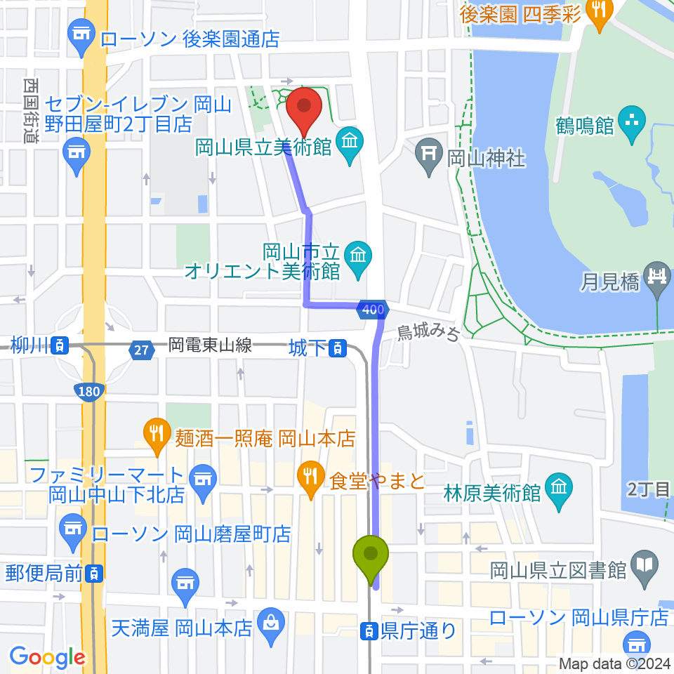 県庁通り駅から岡山県天神山文化プラザへのルートマップ地図