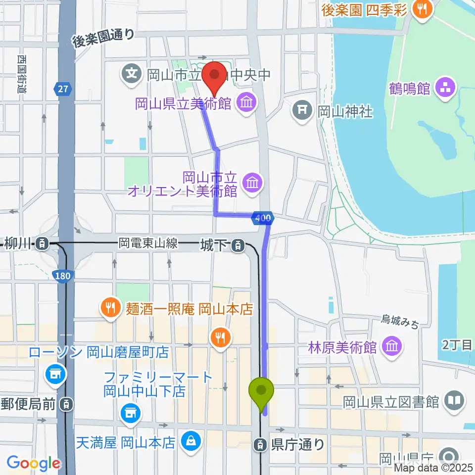 県庁通り駅から岡山県天神山文化プラザへのルートマップ地図