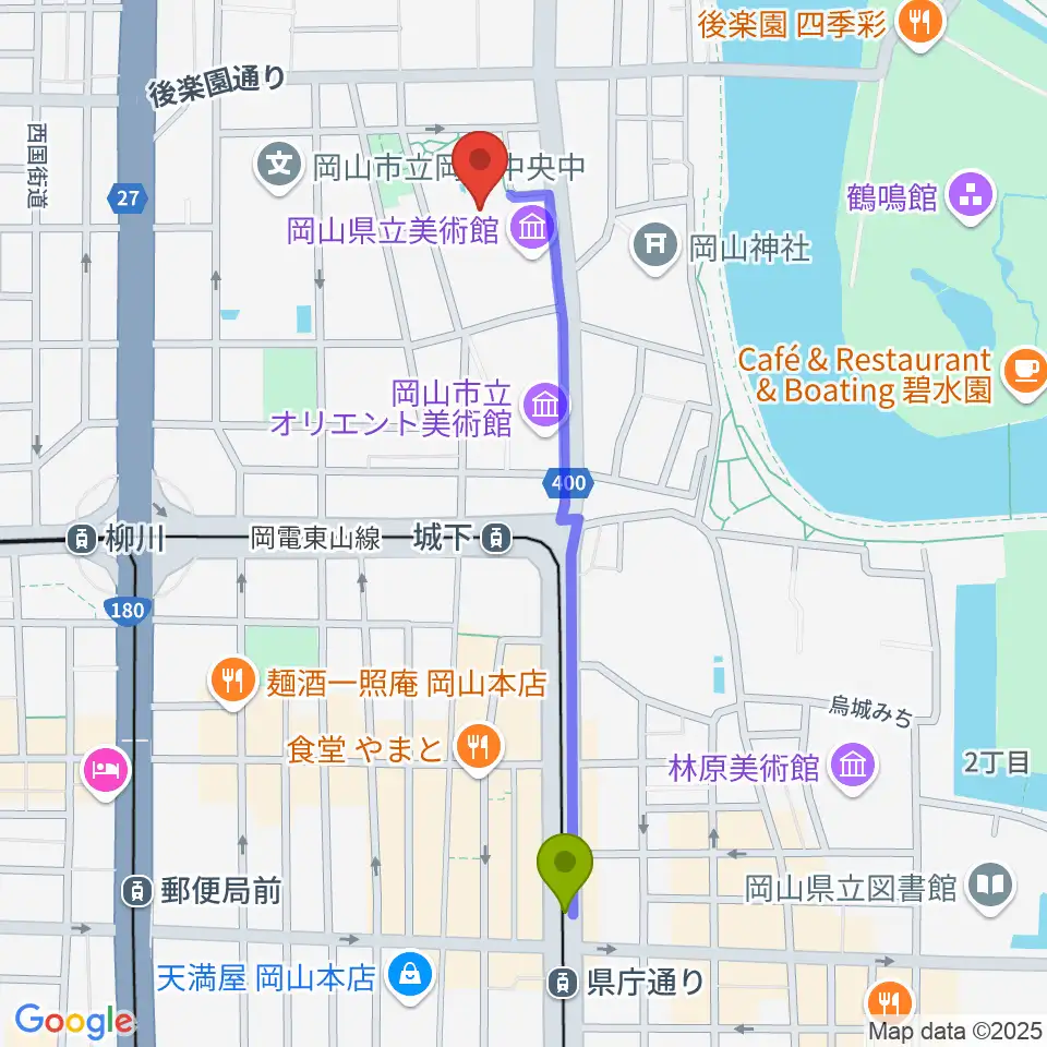 県庁通り駅から岡山県天神山文化プラザへのルートマップ地図