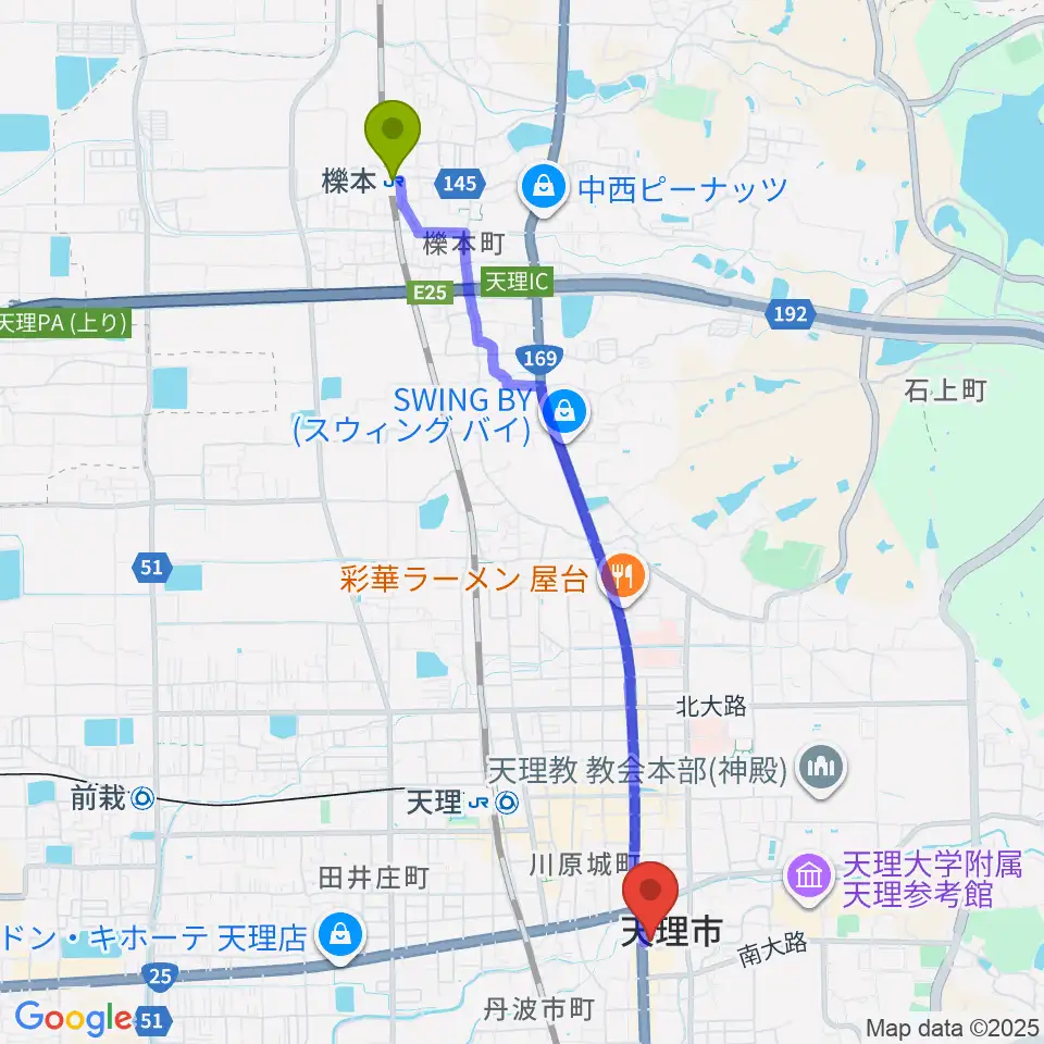 櫟本駅から天理市文化センターへのルートマップ地図
