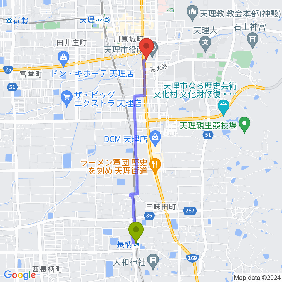 長柄駅から天理市文化センターへのルートマップ地図