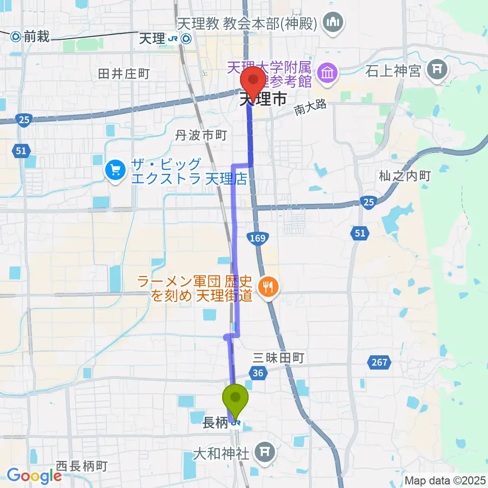長柄駅から天理市文化センターへのルートマップ地図