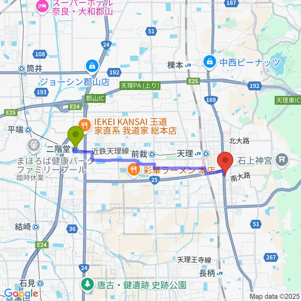 二階堂駅から天理市文化センターへのルートマップ地図
