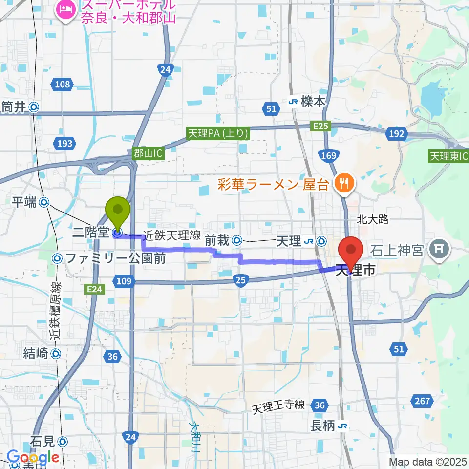 二階堂駅から天理市文化センターへのルートマップ地図