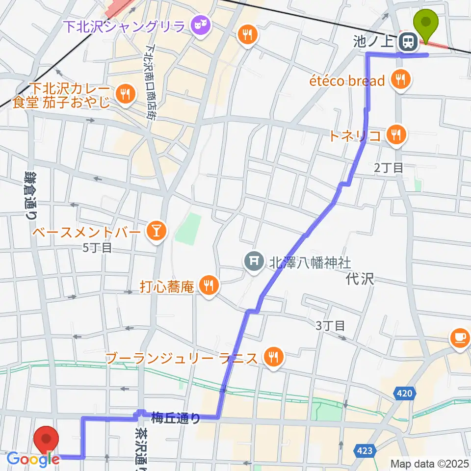 池ノ上駅から東演パラータへのルートマップ地図