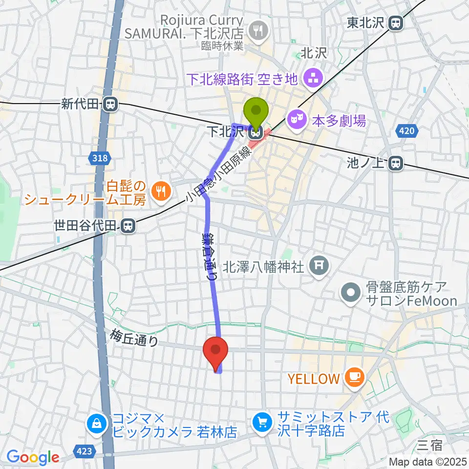下北沢駅から東演パラータへのルートマップ地図