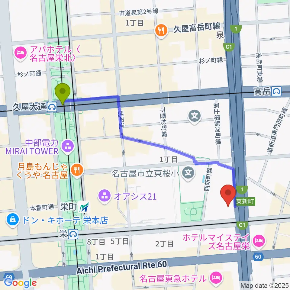 久屋大通駅からテレピアホールへのルートマップ地図