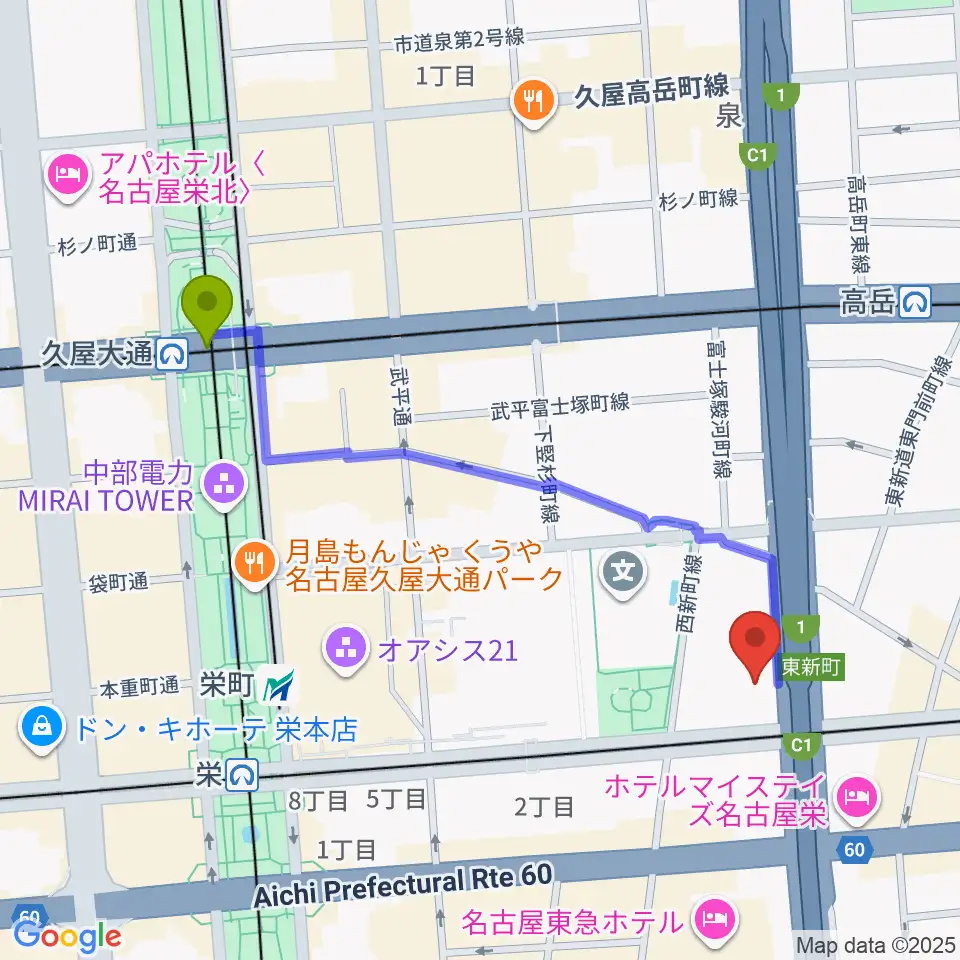 久屋大通駅からテレピアホールへのルートマップ地図