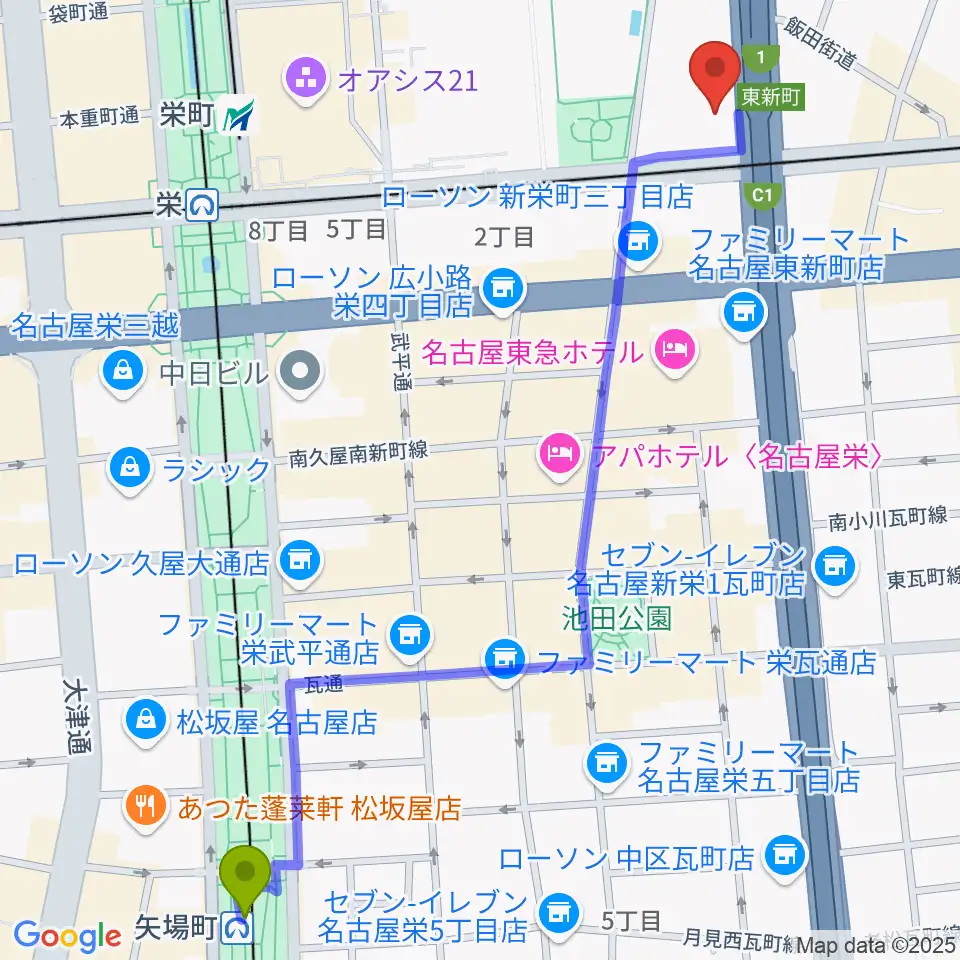 矢場町駅からテレピアホールへのルートマップ地図