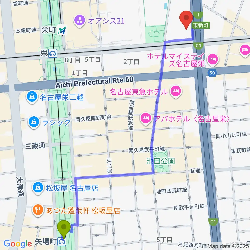 矢場町駅からテレピアホールへのルートマップ地図